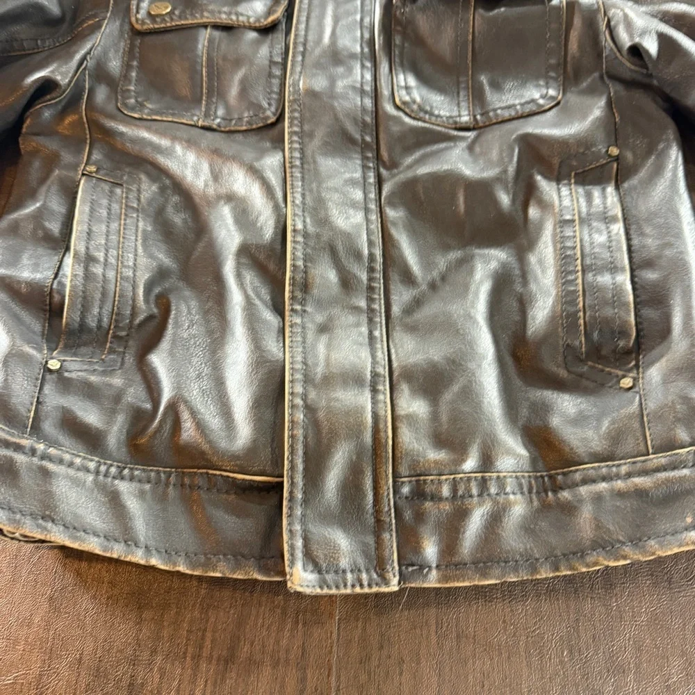 Hawke & Co Boys Helicopter Brown Faux Leather Jacket with Patch Sz 6